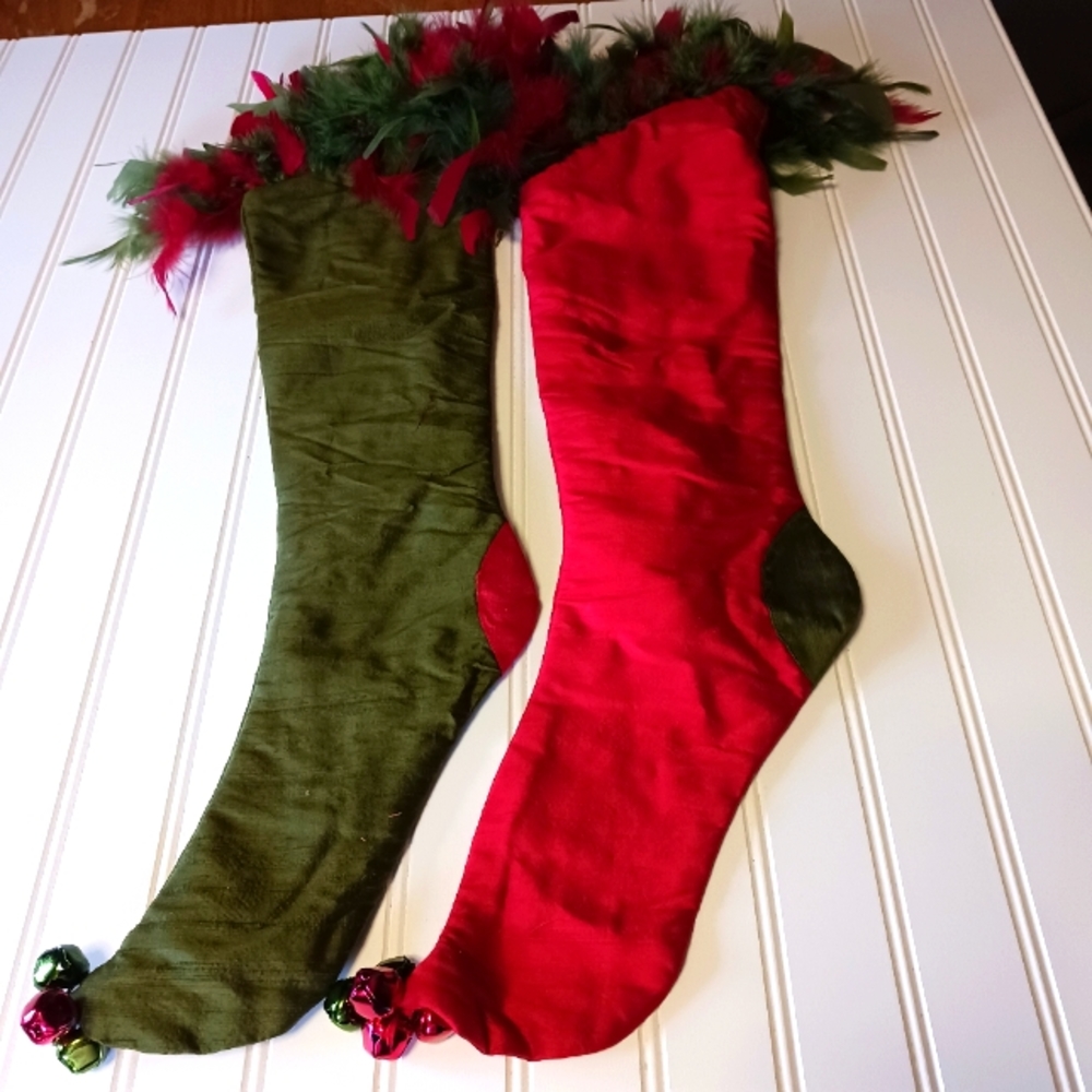 RED AND GREEN 26" CHRISTMAS STOCKINGS  FEATHERS BELLS PRE-OWNED